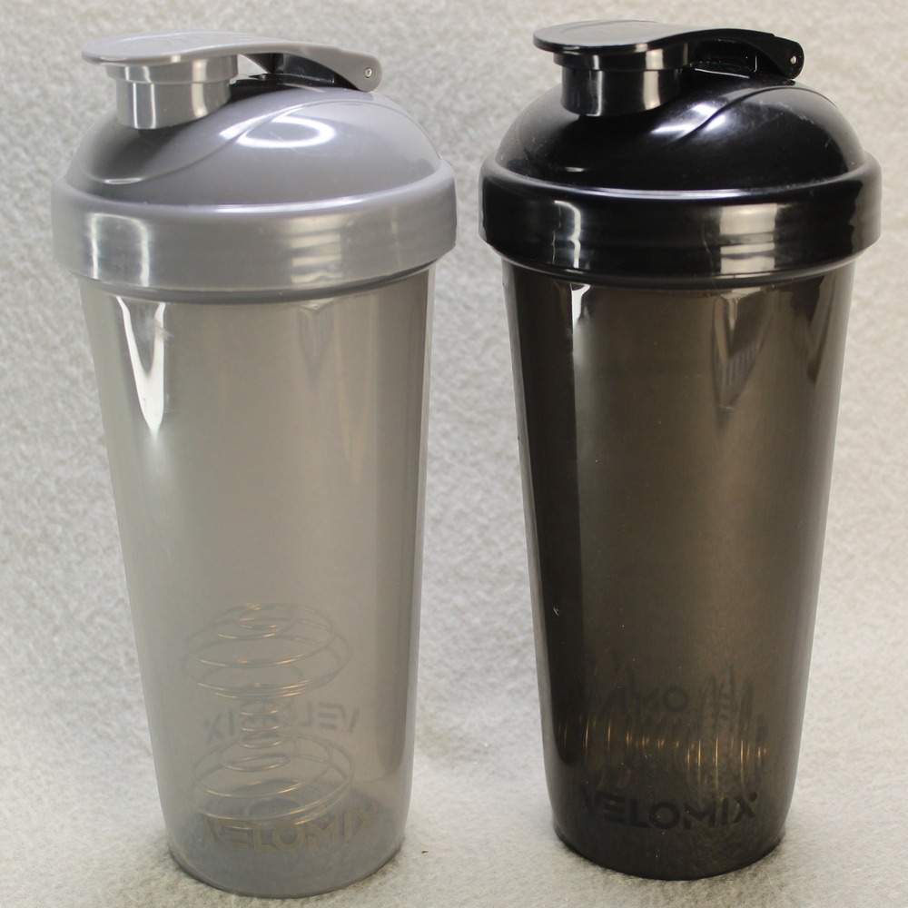 Velomix Protein Shaker Bottle Set Black Grey Great Wire Whisk 2 Pack